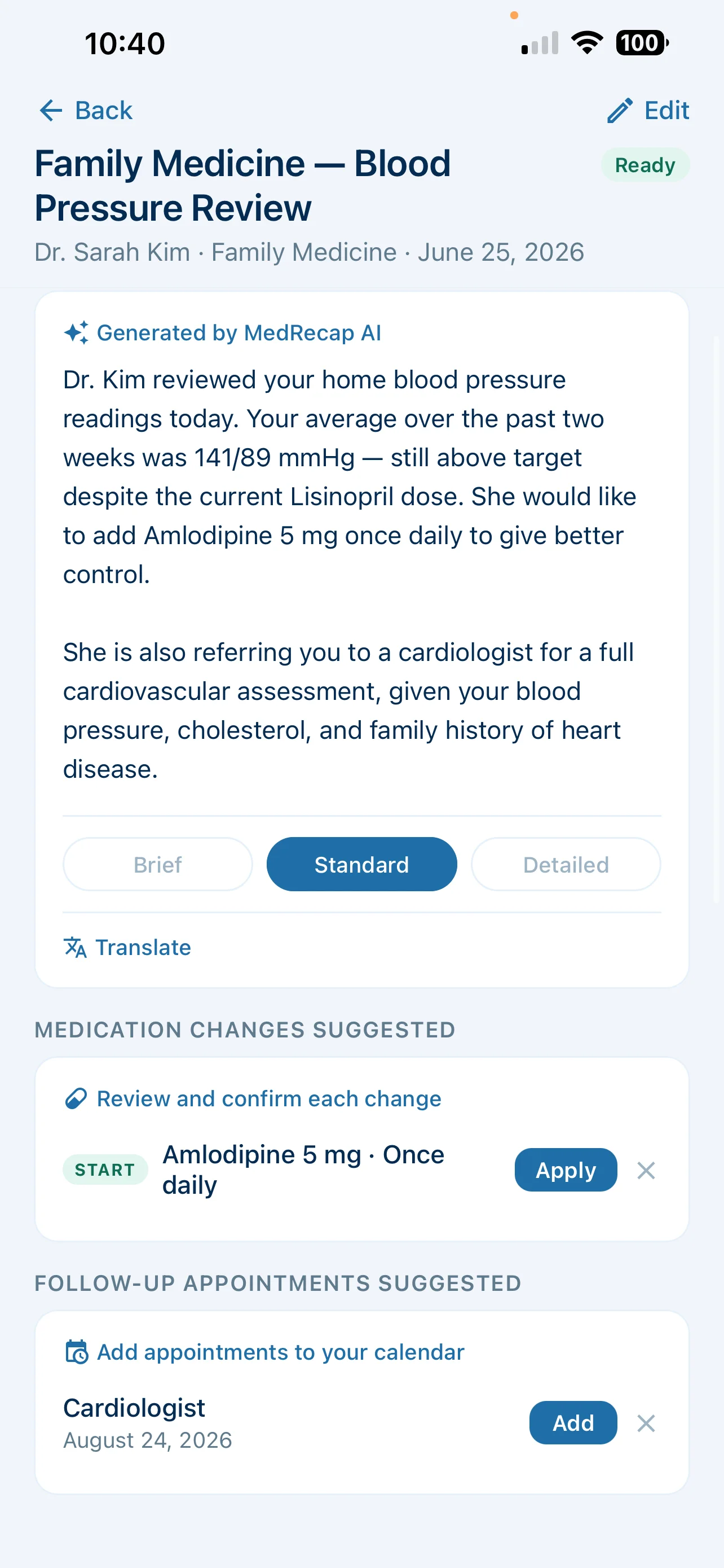 Visit summary with suggested tasks